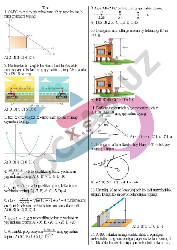 Matematika test savollari to'plami