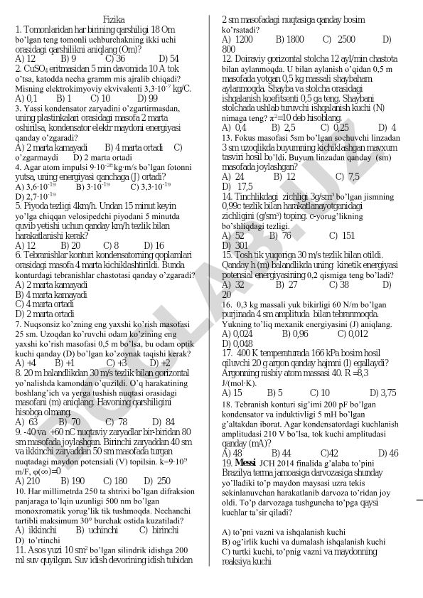 Fizika fanidan test savollari va masalalari