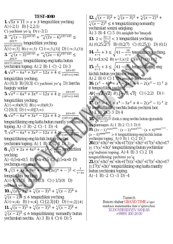 Irratsional tengsizliklar yechimi test savollari