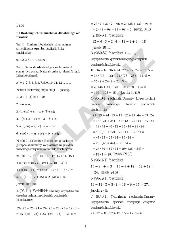 Boshlang'ich matematika tushunchalari va hisoblash misollari