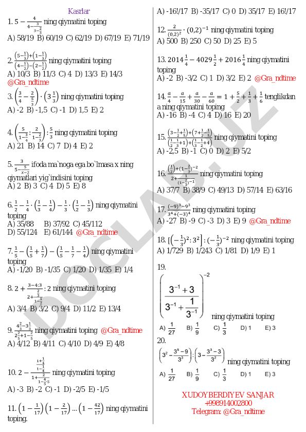 Kasrlar va algebraik ifodalar bo'yicha test savollari