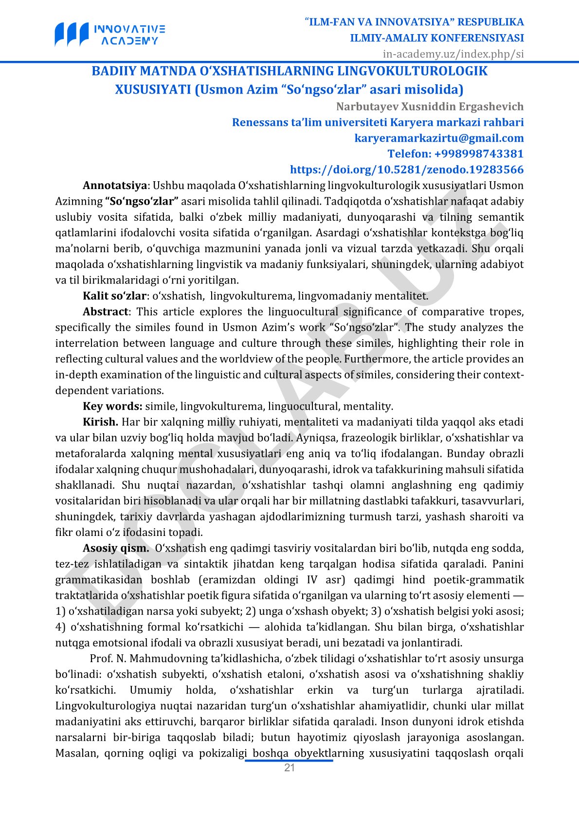 Badiiy matnda o'xshatishlarning lingvokulturologik xususiyati (Usmon Azim "So'ngso'zlar" asari misolida)