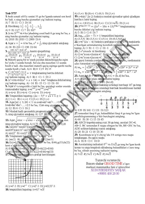 Matematika test savollari va masalalari