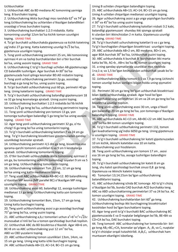 Uchburchaklar geometriyasi masalalari to'plami