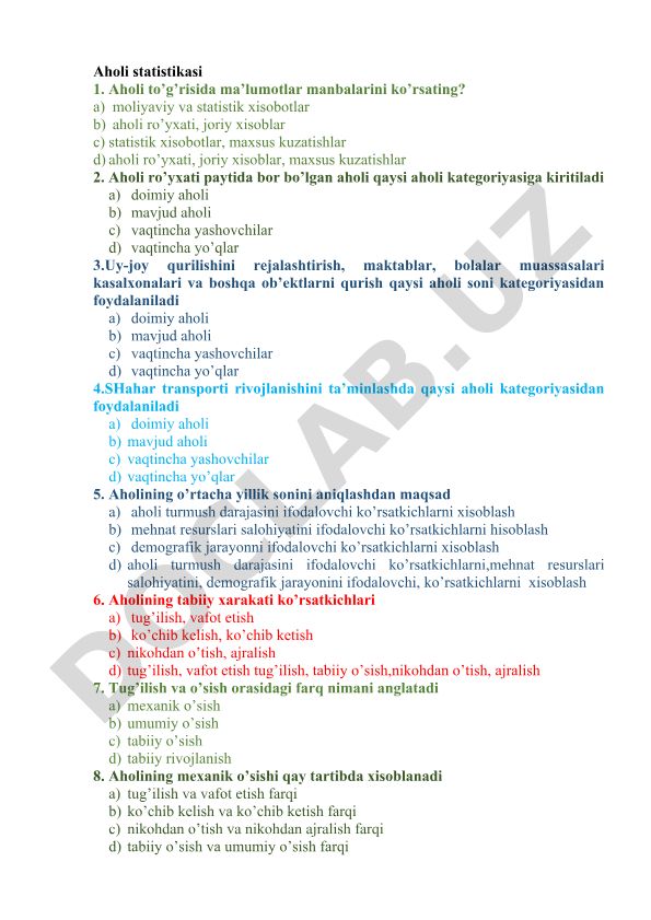Aholi statistikasi test savollari