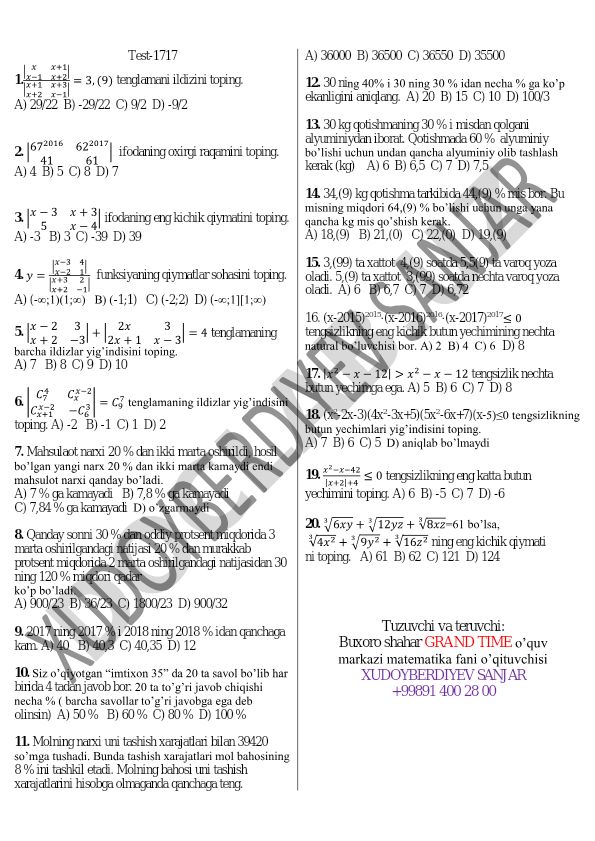 Matematika test savollari va masalalari