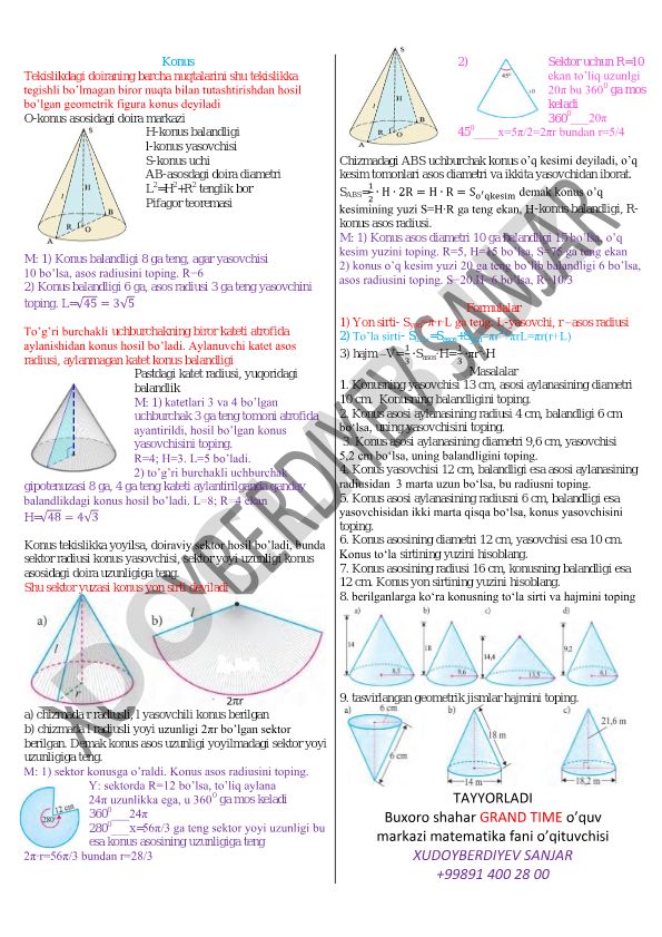 Konus geometriyasi va uning xossalari
