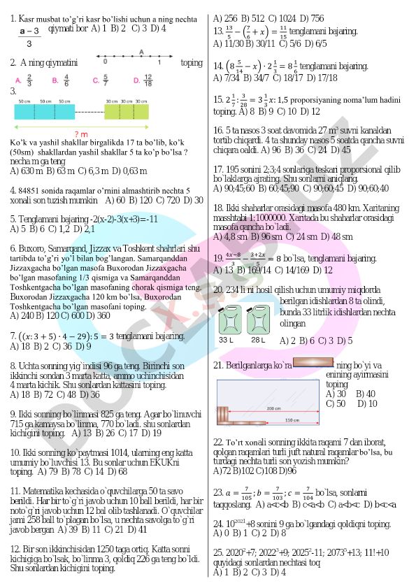 Matematika test savollari va masalalari
