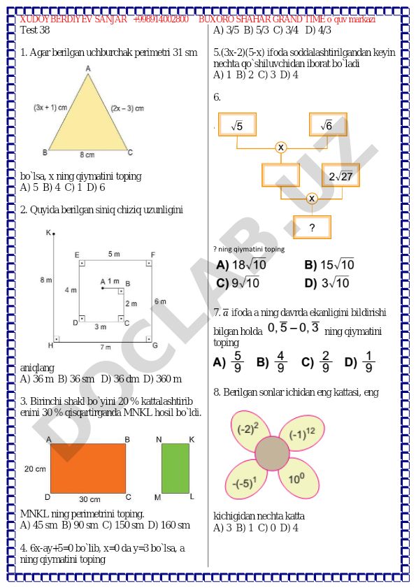 Matematika test savollari va masalalari
