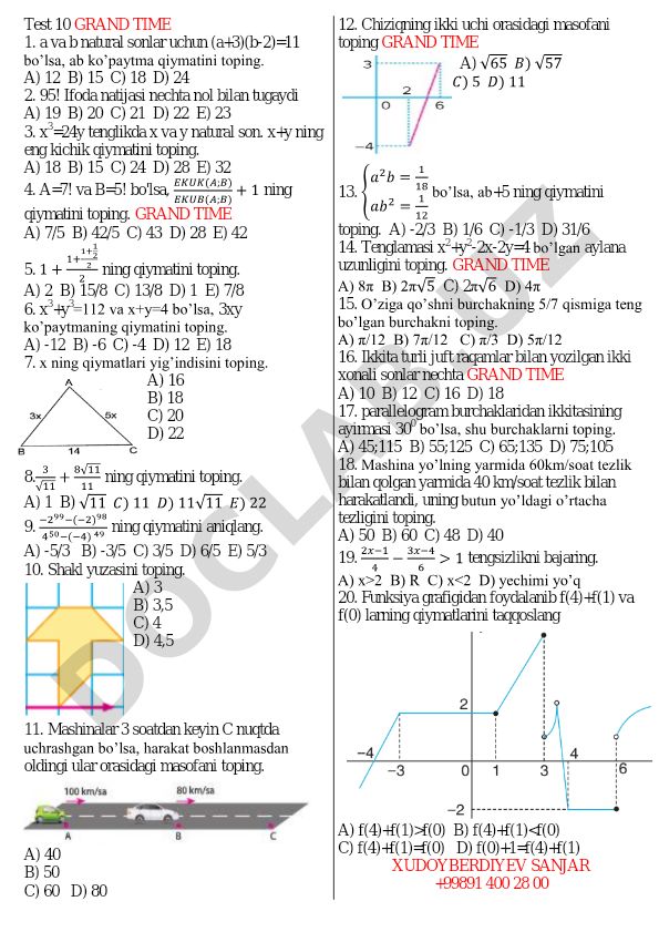 Matematika test savollari to'plami
