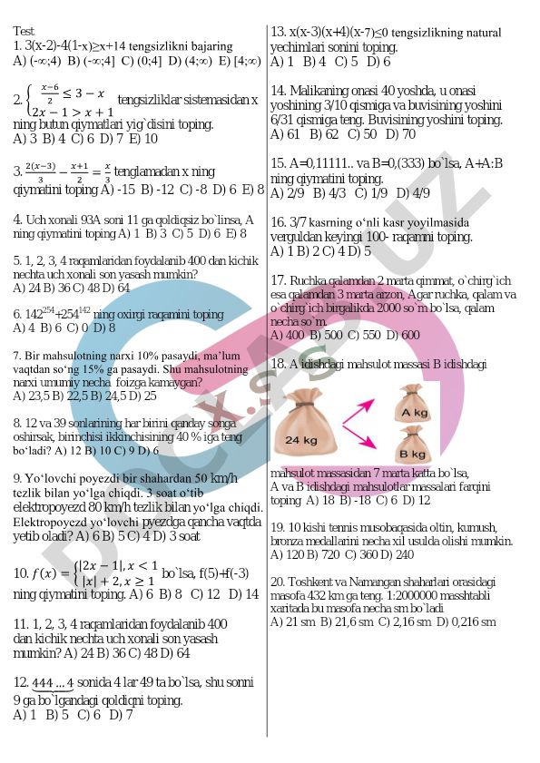 Matematika test savollari va masalalari