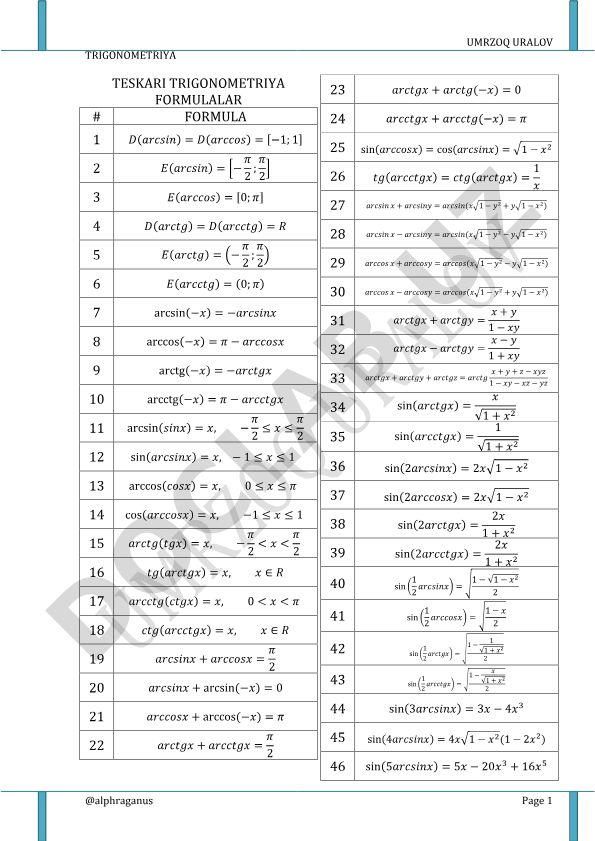 Teskari trigonometriya formulalari