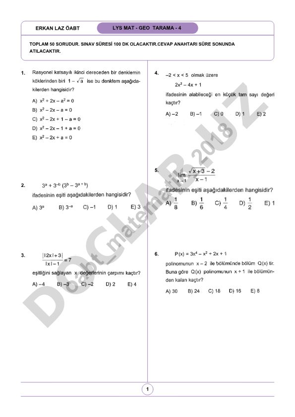 LYS Matematik ve Geometri Tarama Testi 4