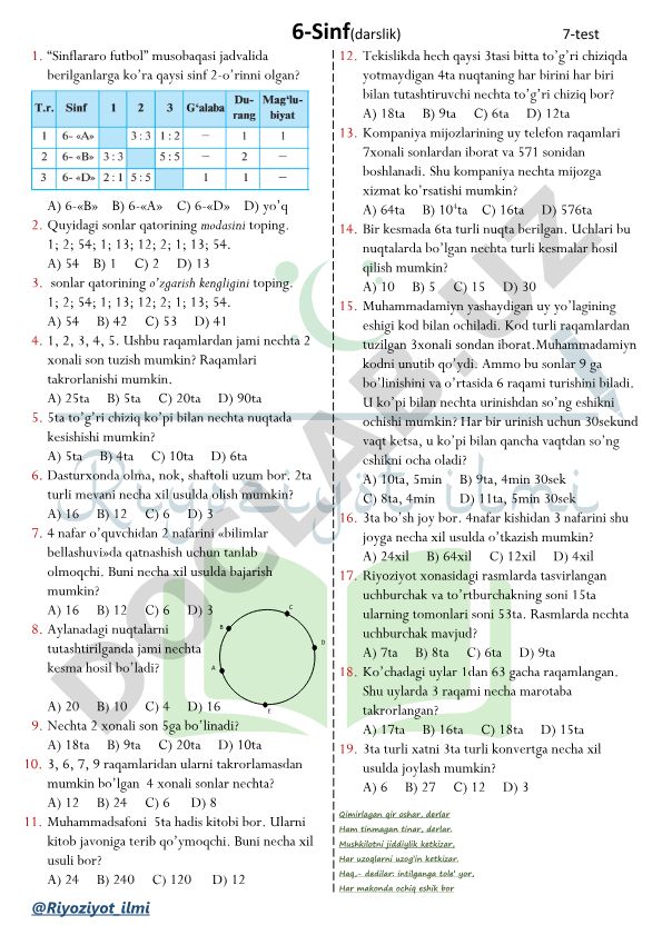 6-sinf matematika test savollari