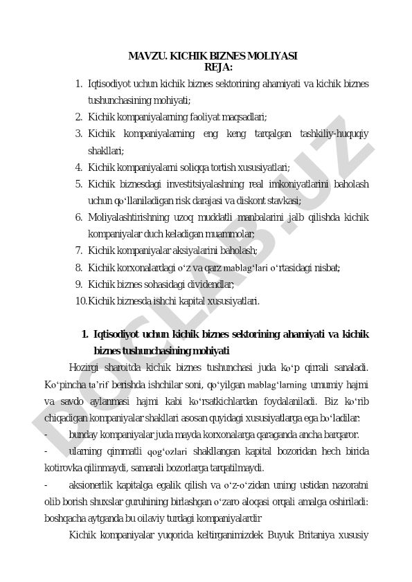 Kichik biznes moliyasi reja
