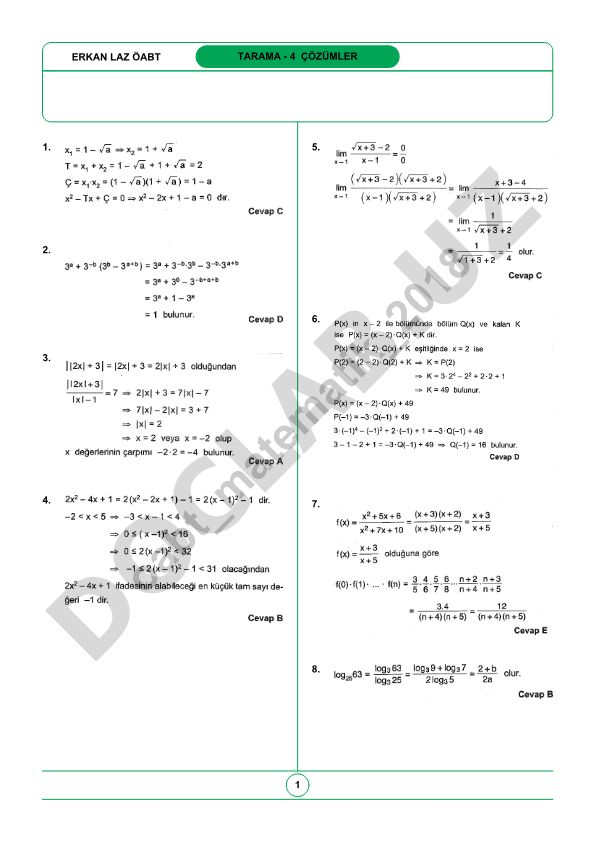 Matematik tarama testi çözümleri