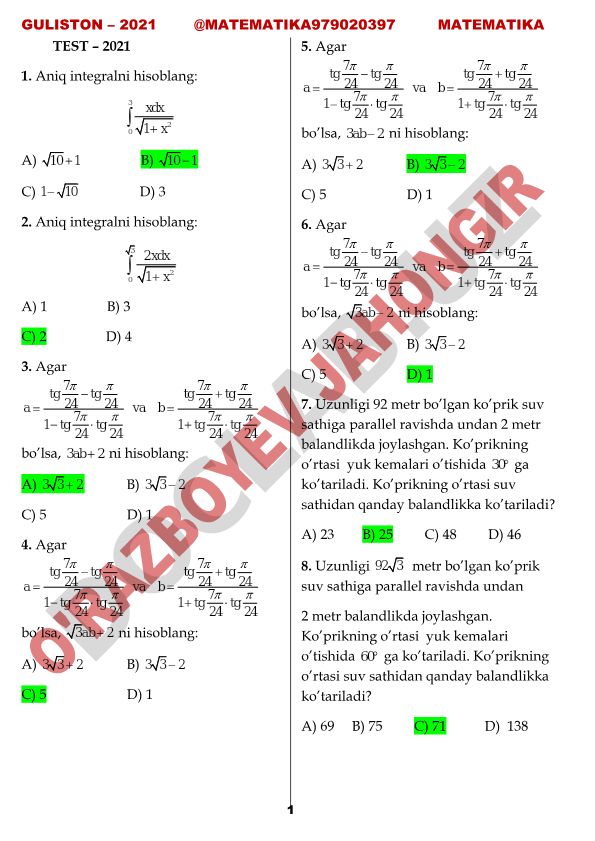 Matematika 1 test savollari va masalalari
