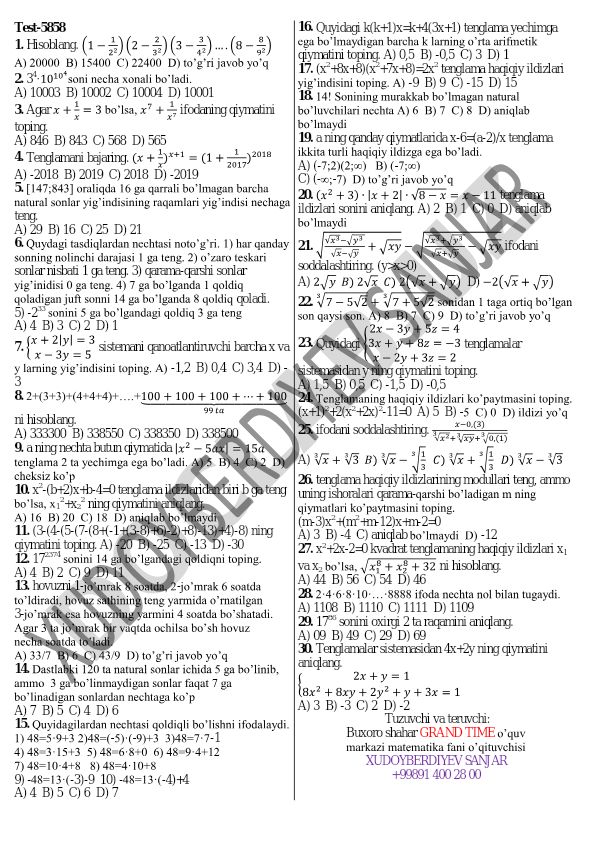 Matematika test savollari va masalalari