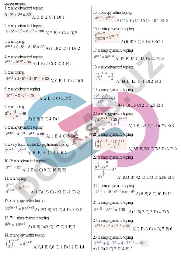 Matematik tenglamalar va ifodalar qiymatini topish testlari