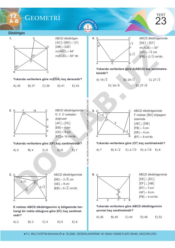Dikdörtgen geometri problemleri ve çözümleri
