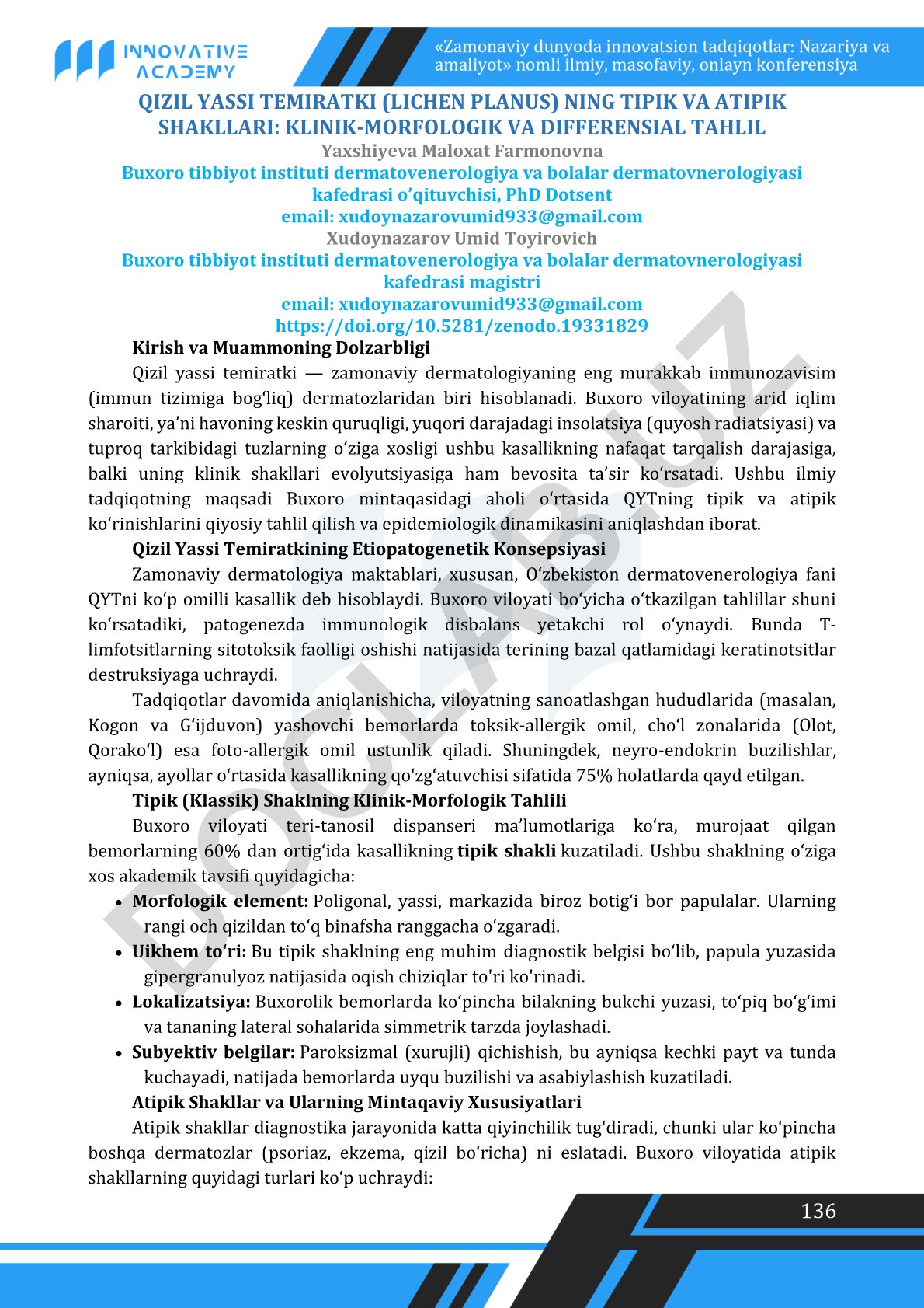 Qizil yassi temiratki (Lichen planus)ning tipik va atipik shakllari: klinik-morfologik va differensial tahlil