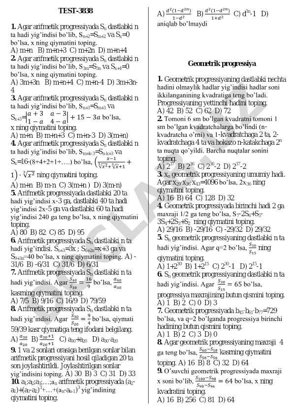 Arifmetik progressiya masalalari to'plami