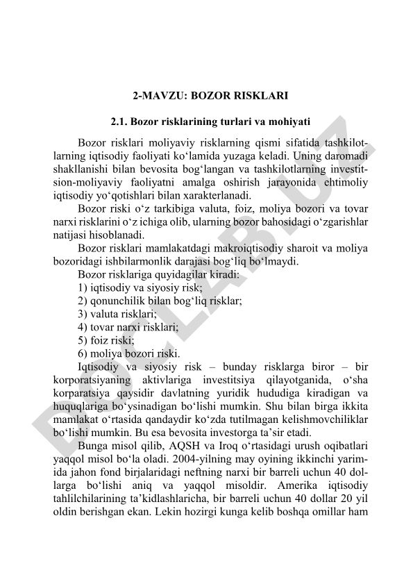 Bozor risklarining turlari va mohiyati