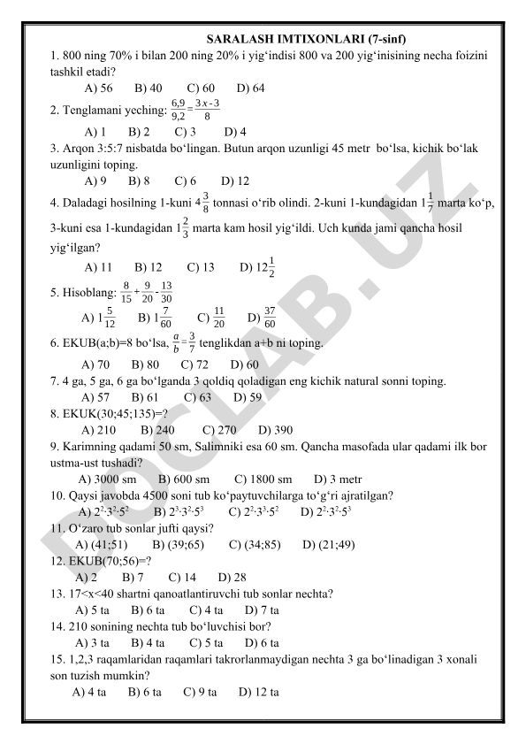 7-sinf matematika saralash imtihonlari
