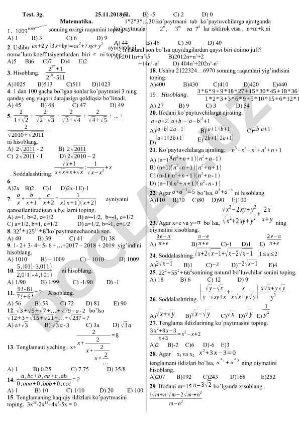 Matematika test savollari va masalalari