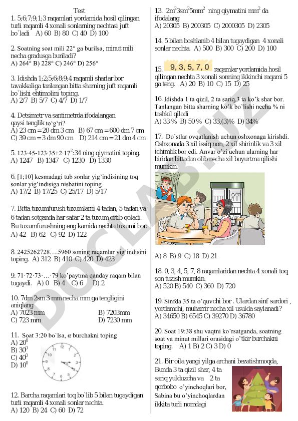 Matematika test savollari va masalalari