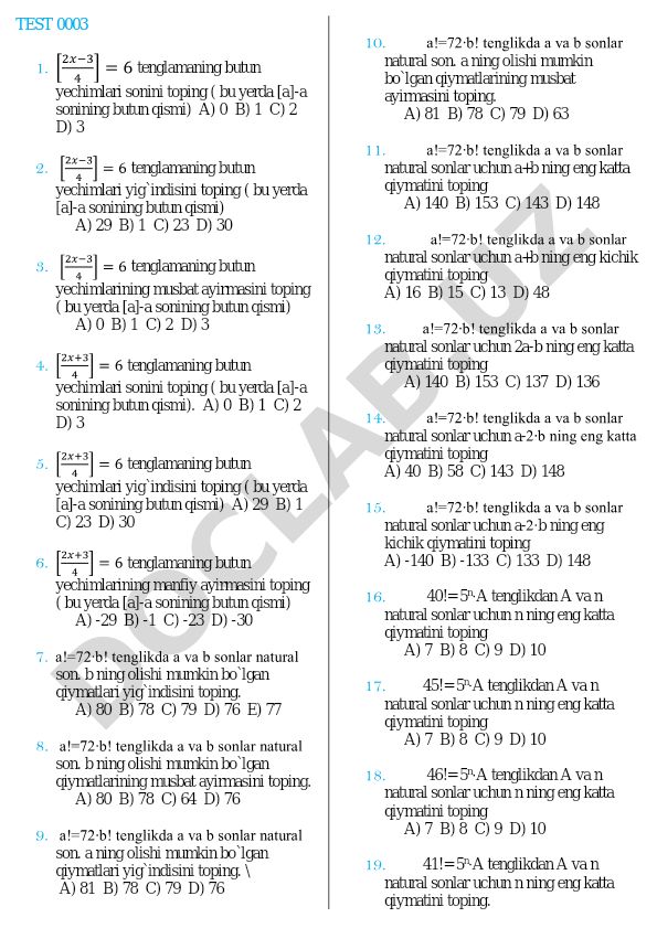 Butun qismli tenglamalar va faktorial masalalari