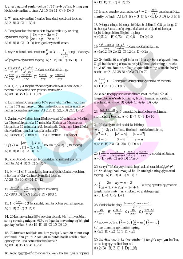 Matematika masalalari to'plami