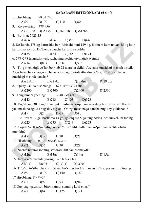 6-sinf matematika saralash imtihonlari