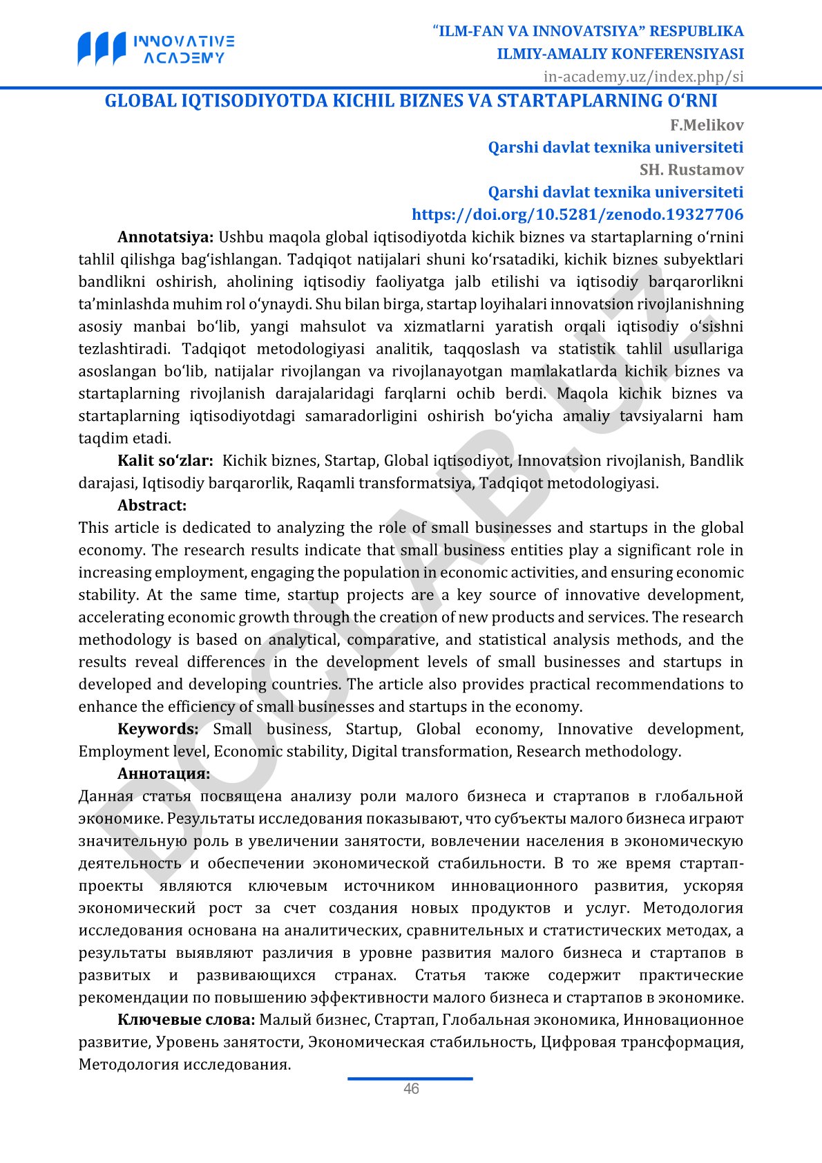 Global iqtisodiyotda kichik biznes va startaplarning o‘rni