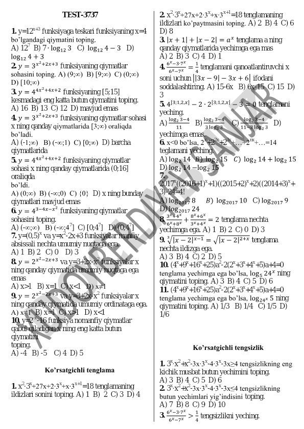 Ko'rsatgichli va logarifmik funksiyalar masalalari