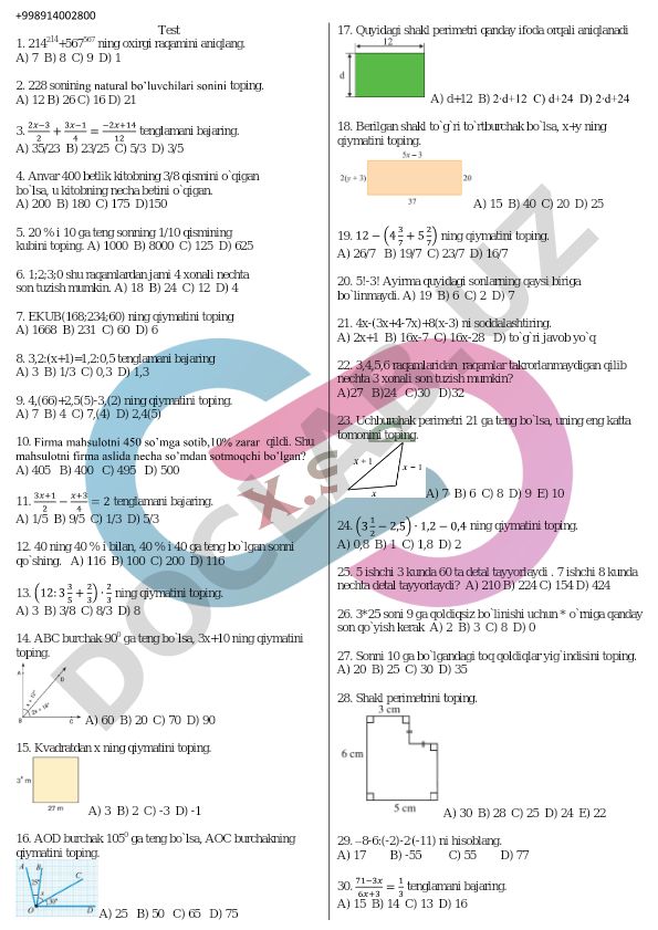 Matematika test savollari to'plami