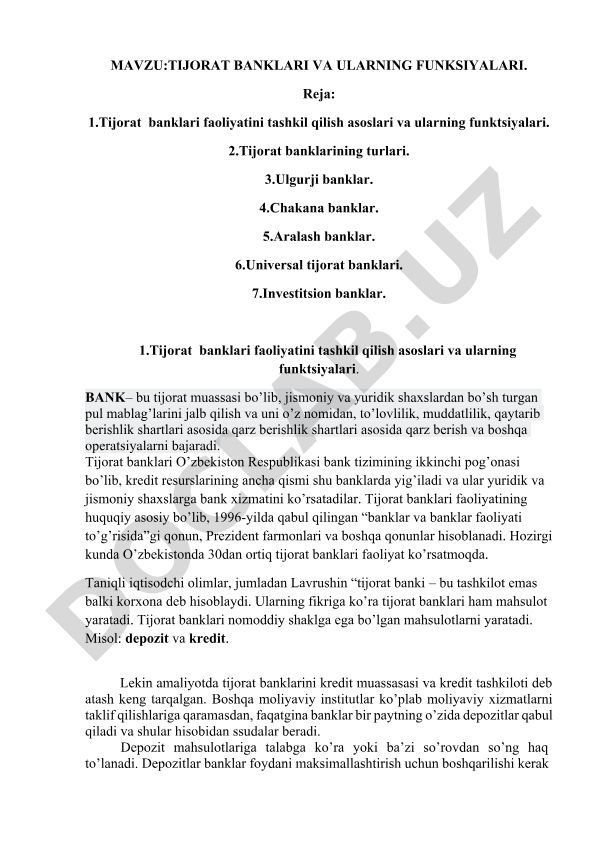 Tijorat banklari va ularning funksiyalari