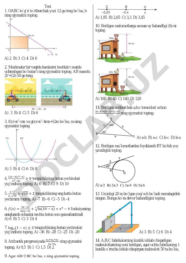 Matematika test savollari to'plami