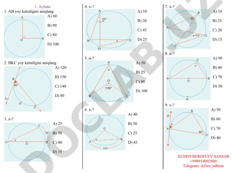 Aylana geometriyasi test savollari