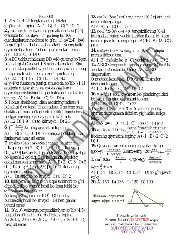 Matematika test savollari to'plami