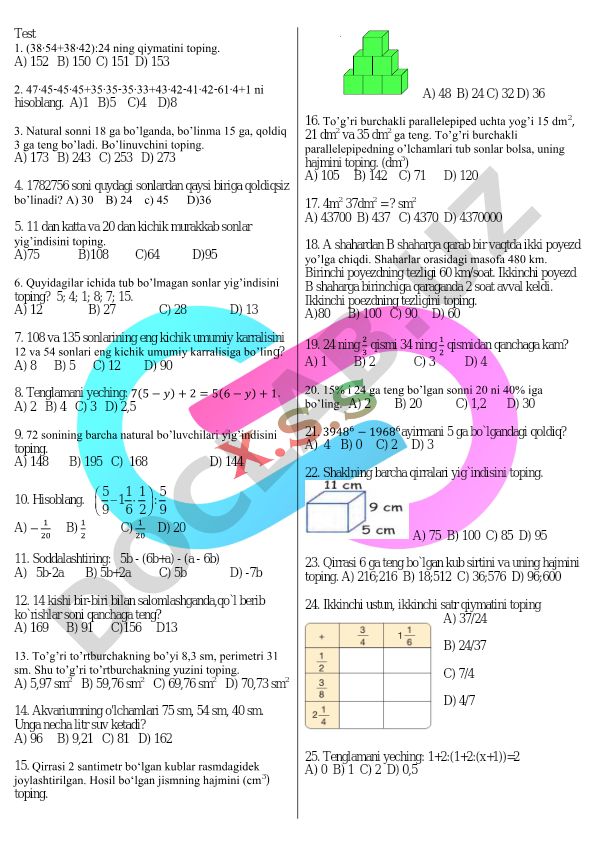 Matematika test savollari va masalalari