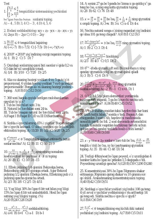 Matematika test savollari va masalalari