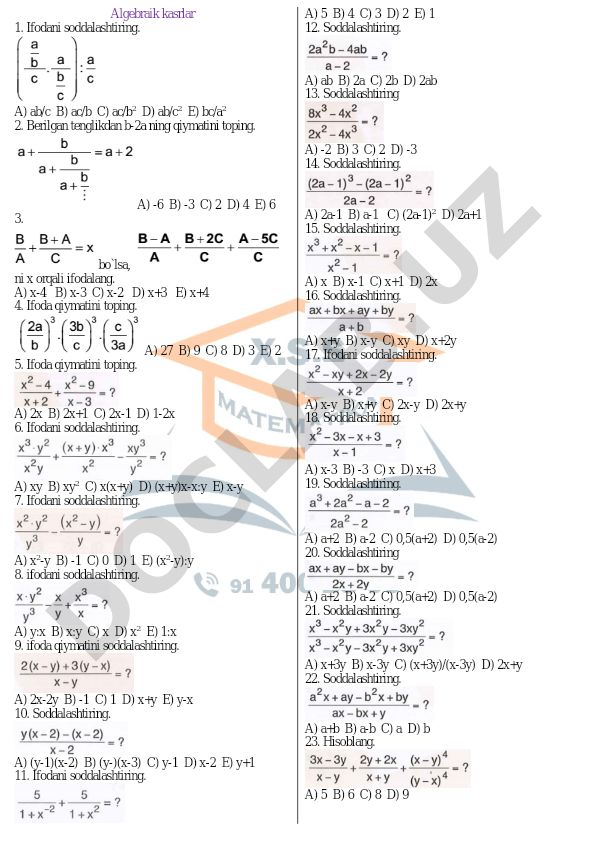 Algebraik kasrlar bo'yicha test savollari