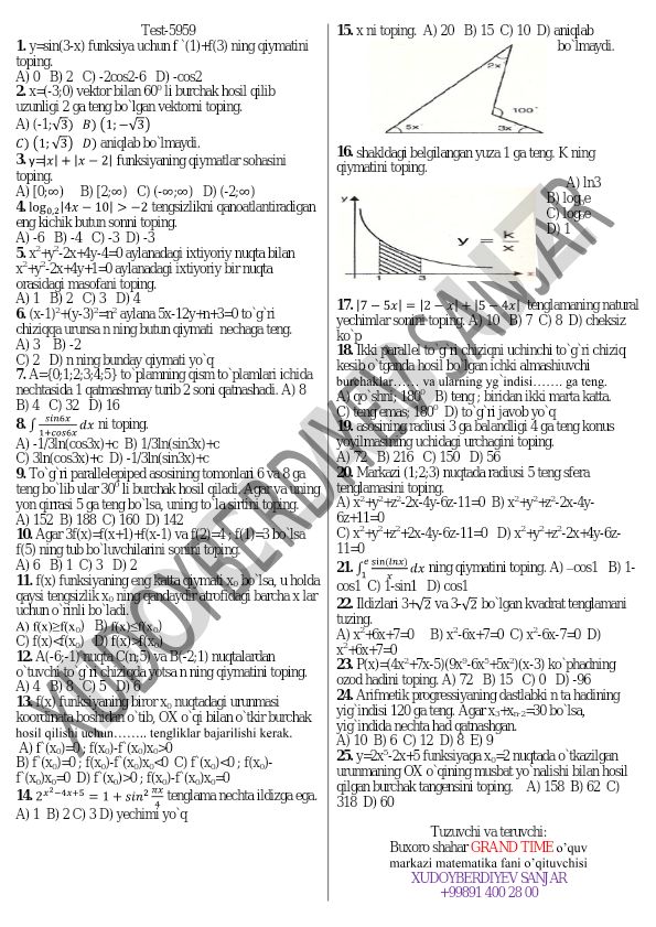 Matematika test savollari va masalalari