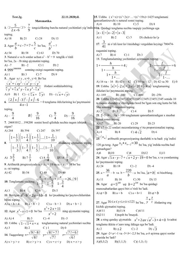 Matematika test savollari va masalalari