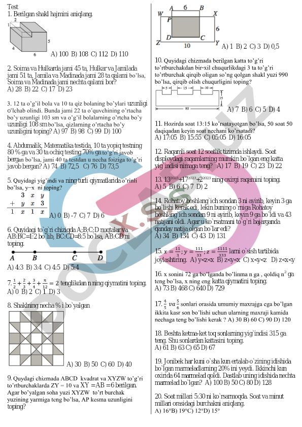 Matematika test savollari va masalalari