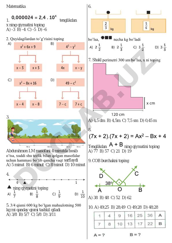 Matematika test savollari va masalalari