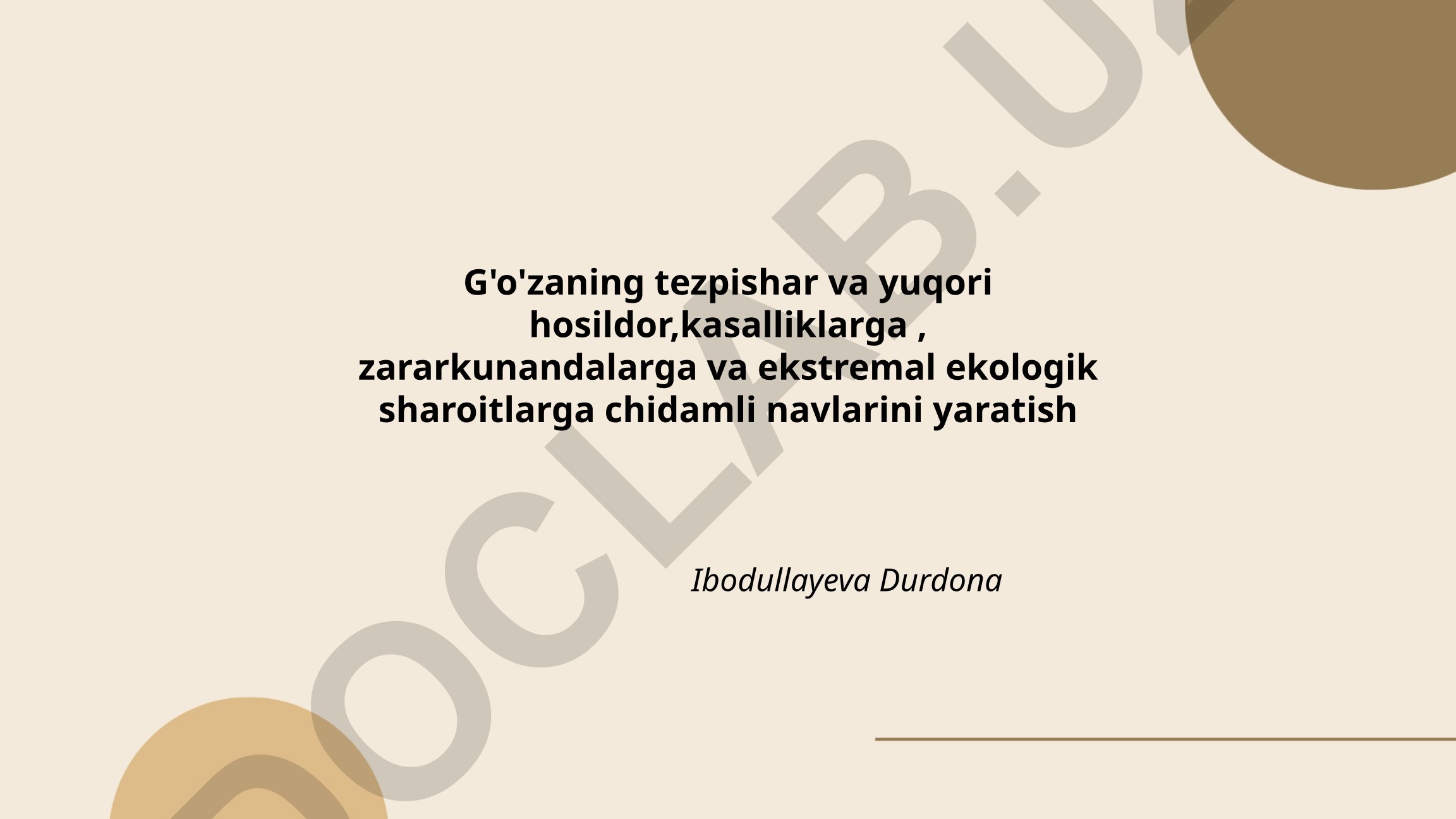 G'o'zaning tezpishar va yuqori hosildor, kasalliklarga, zararkunandalarga va ekstremal ekologik sharoitlarga chidamli navlarini yaratish