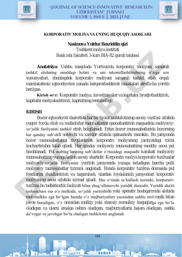 Korporativ moliya va uning huquqiy asoslari