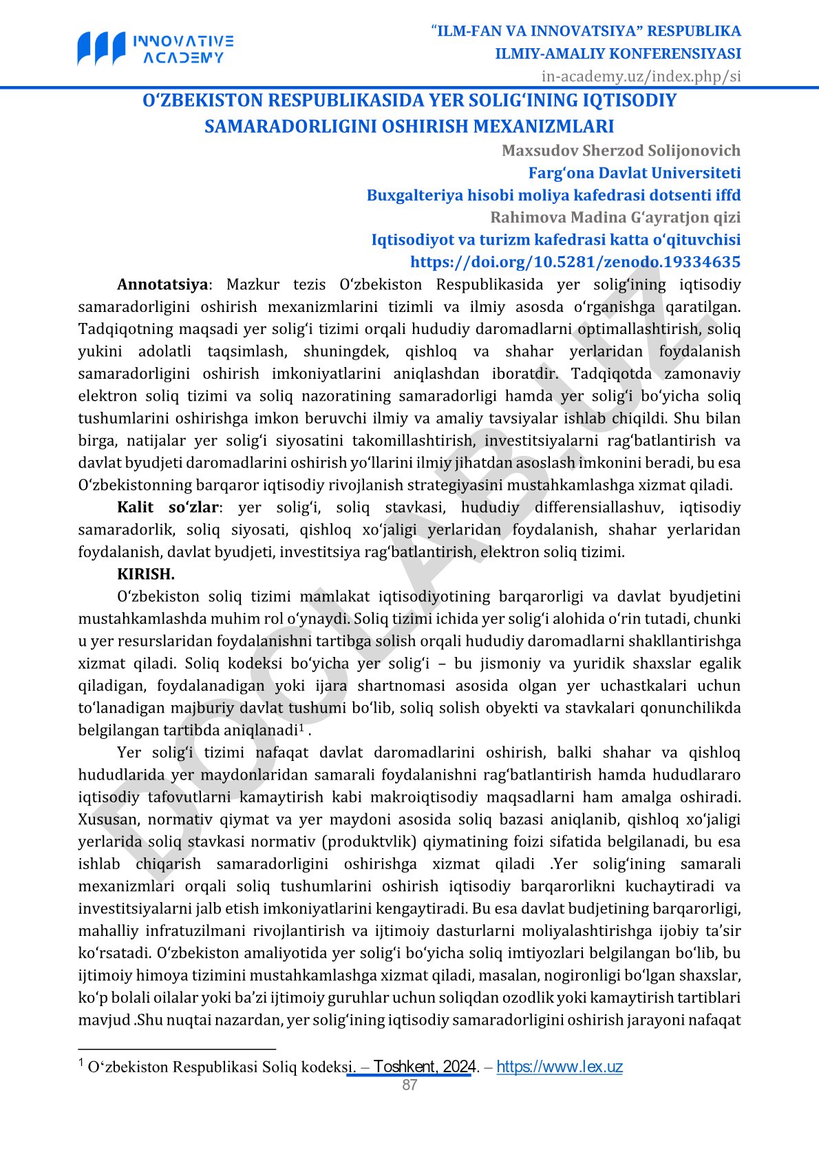 O'zbekiston Respublikasida yer solig'ining iqtisodiy samaradorligini oshirish mexanizmlari